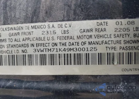 2009 Volkswagen Jetta 2.5L Se z USA, uszkodzony, nr VIN 3VWTM71K49M300125